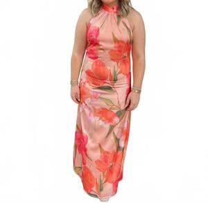NEW TCEC floral high neck satin midi dress in pink